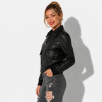 Veste courte en cuir pour femme avec col chemise et en cuir agneau véritable