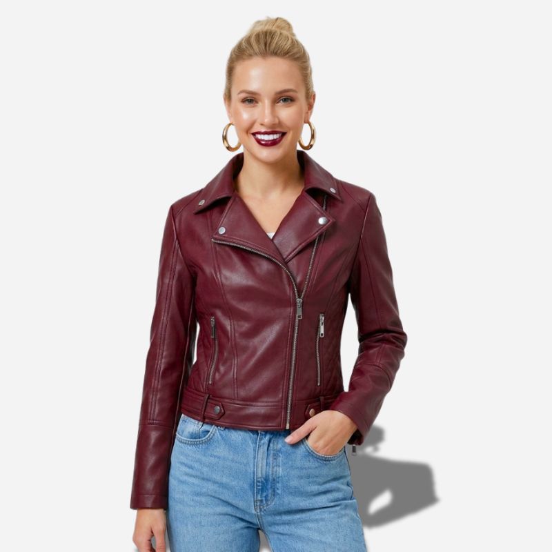 Veste en simili cuir rouge bordeaux pour femme style perfecto