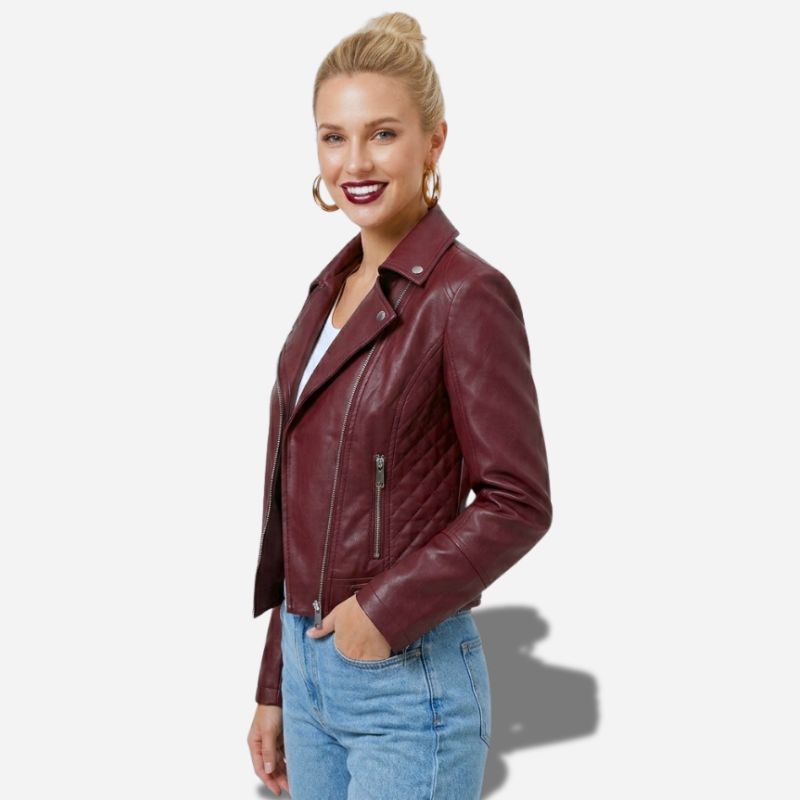 Veste en simili cuir rouge bordeaux pour femme style perfecto