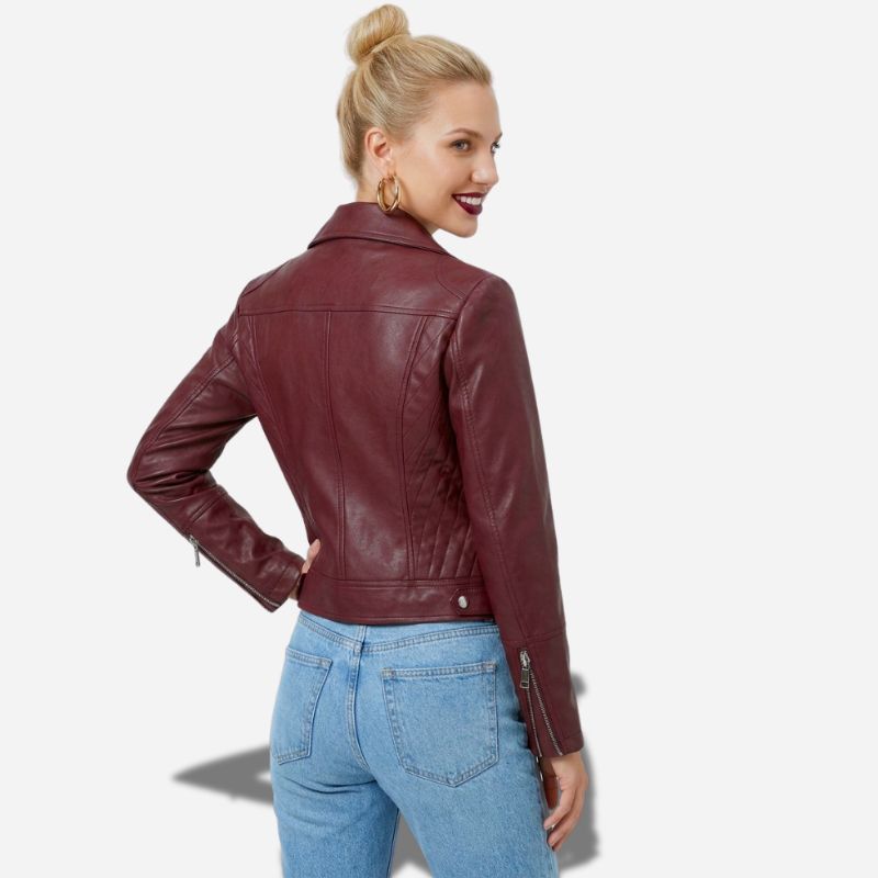 Veste en simili cuir rouge bordeaux pour femme style perfecto