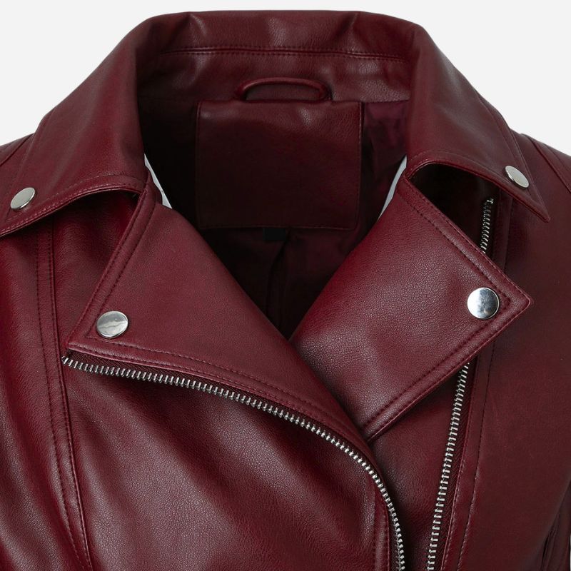 Veste en simili cuir rouge bordeaux pour femme style perfecto