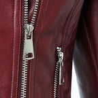 Veste en simili cuir rouge bordeaux pour femme style perfecto