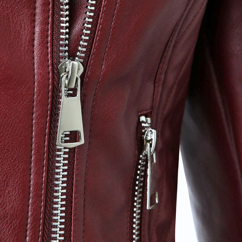 Veste en simili cuir rouge bordeaux pour femme style perfecto