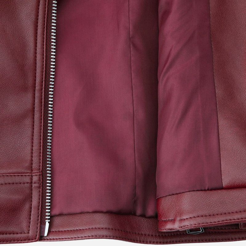 Veste en simili cuir rouge bordeaux pour femme style perfecto