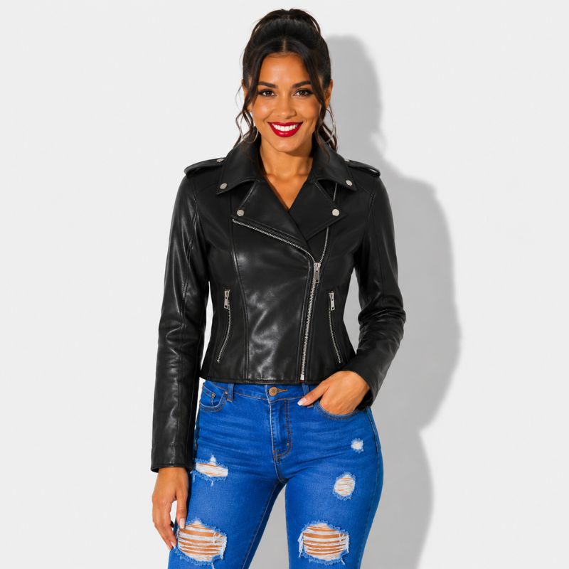 Veste en simili cuir noir pour femme style perfecto