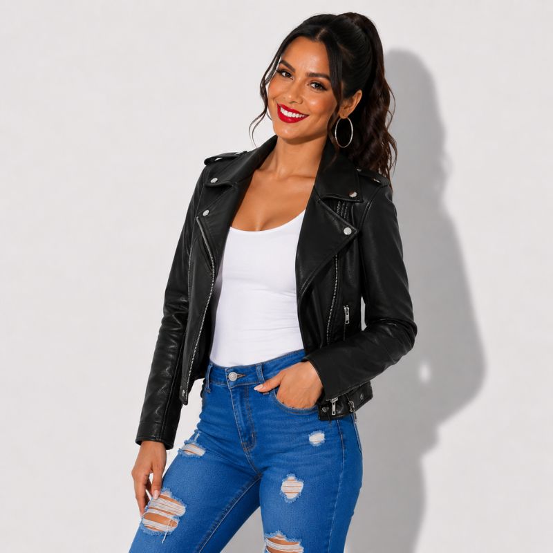 Veste en simili cuir noir pour femme style perfecto