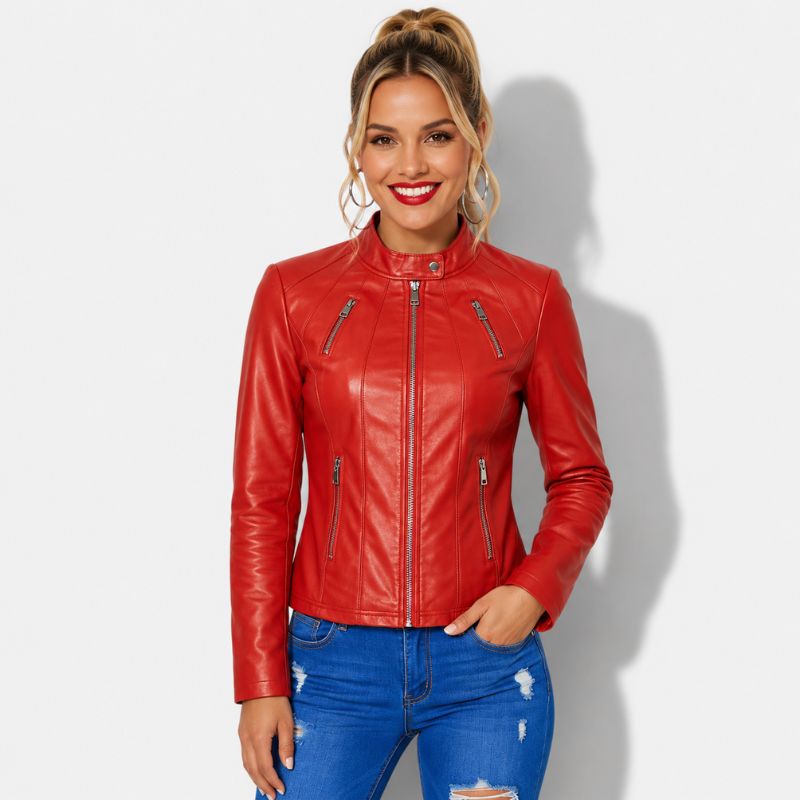 Veste en simili cuir pour femme rouge style biker