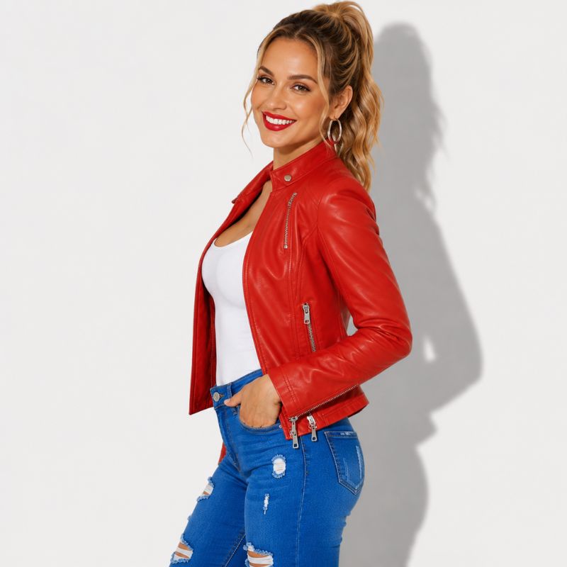 Veste en simili cuir pour femme rouge style biker
