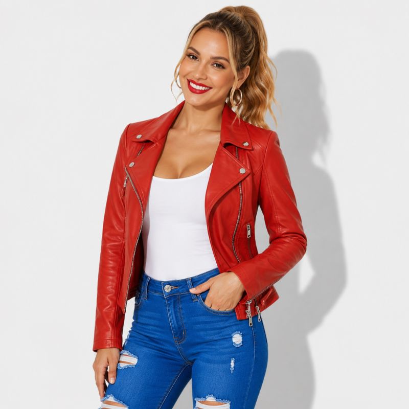 Veste en simili cuir pour femme rouge style biker