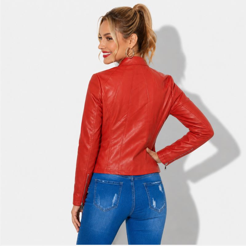 Veste en simili cuir pour femme rouge style biker