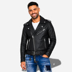Veste en cuir noir pour homme style perfecto biker en cuir de vachette avec ceinture