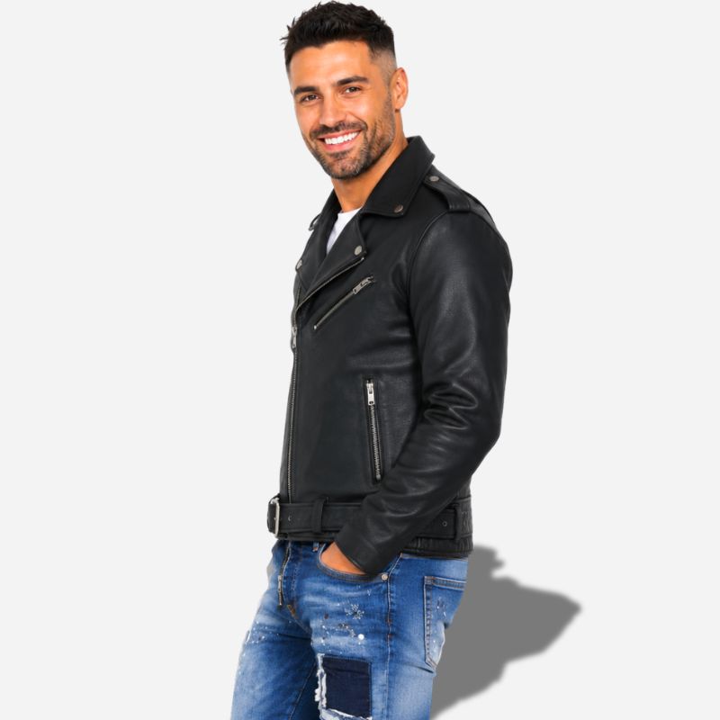 Veste en cuir noir pour homme style perfecto biker en cuir de vachette avec ceinture