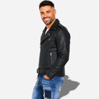 Veste en cuir noir pour homme style perfecto biker en cuir de vachette avec ceinture