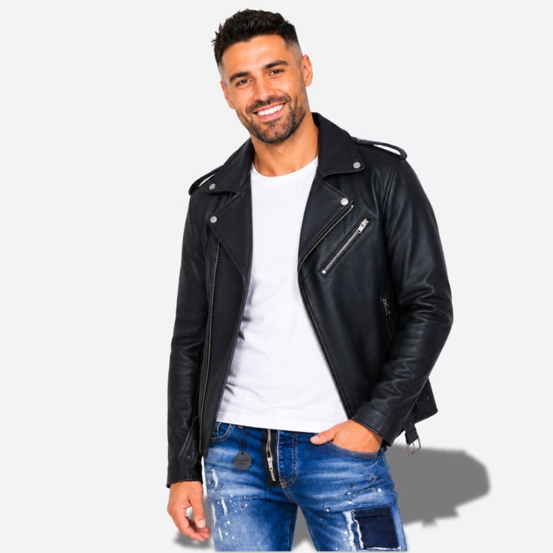 Veste en cuir noir pour homme style perfecto biker en cuir de vachette avec ceinture
