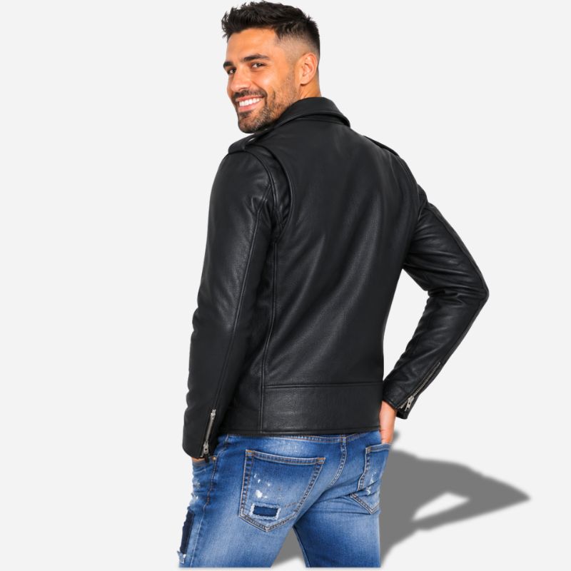 Veste en cuir noir pour homme style perfecto biker en cuir de vachette avec ceinture