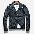 Veste en cuir noir pour homme style perfecto biker en cuir de vachette avec ceinture