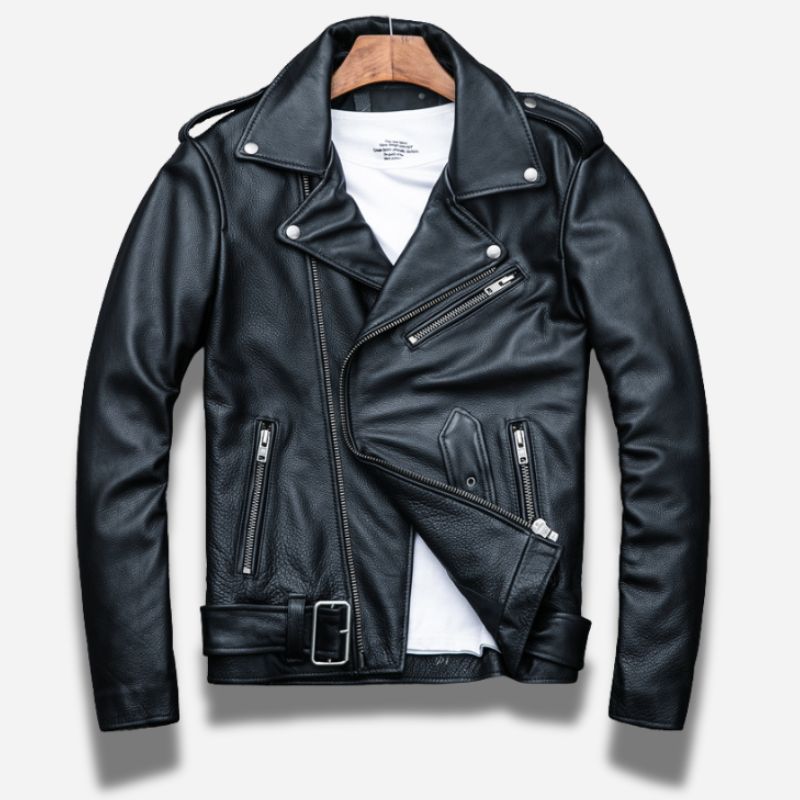 Veste en cuir noir pour homme style perfecto biker en cuir de vachette avec ceinture