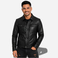 Veste en cuir noire pour homme en cuir de vachette ciré avec col chemise et poche sur la poitrine