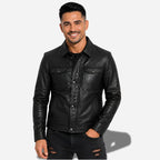 Veste en cuir noire pour homme en cuir de vachette ciré avec col chemise et poche sur la poitrine