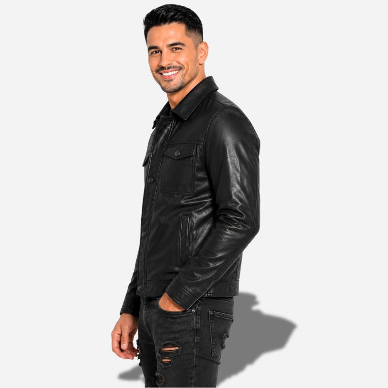 Veste en cuir noire pour homme en cuir de vachette ciré avec col chemise et poche sur la poitrine