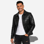 Veste en cuir noire pour homme en cuir de vachette ciré avec col chemise et poche sur la poitrine