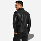 Veste en cuir noire pour homme en cuir de vachette ciré avec col chemise et poche sur la poitrine