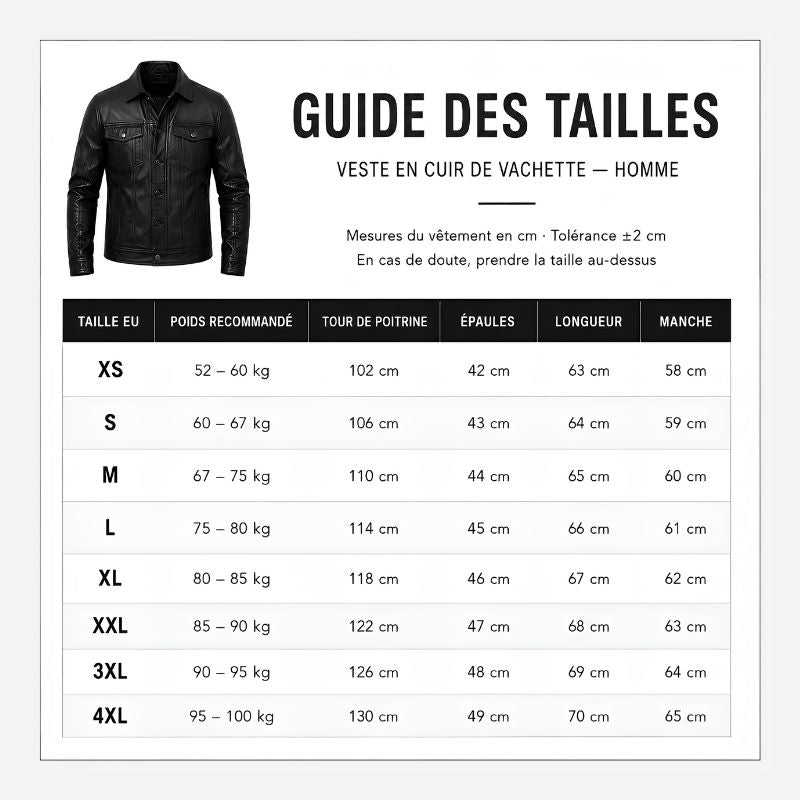 Guide des tailles de la veste en cuir noire homme