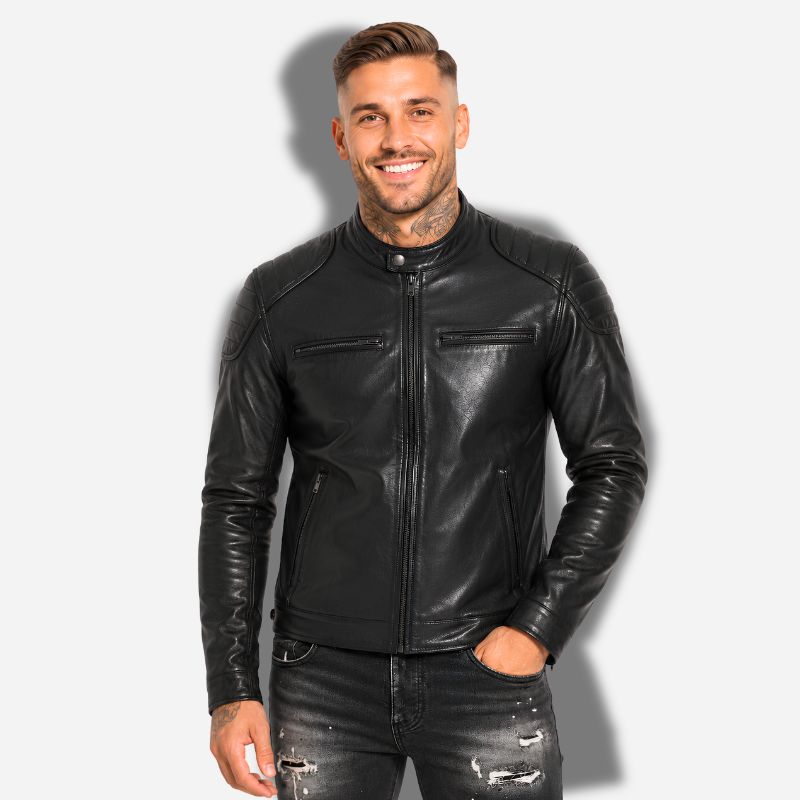 Veste en cuir homme noir style biker moto en cuir de vachette véritable avec épaules matelassés