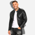 Veste en cuir homme noir style biker moto en cuir de vachette véritable avec épaules matelassés