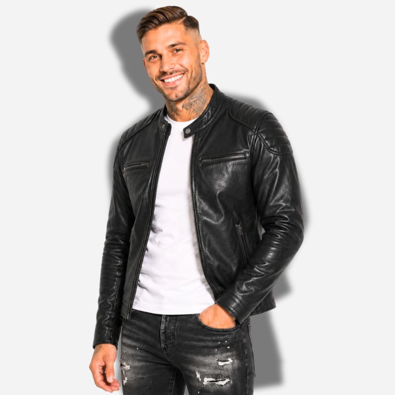 Veste en cuir homme noir style biker moto en cuir de vachette véritable avec épaules matelassés
