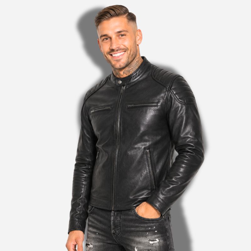 Veste en cuir homme noir style biker moto en cuir de vachette véritable avec épaules matelassés
