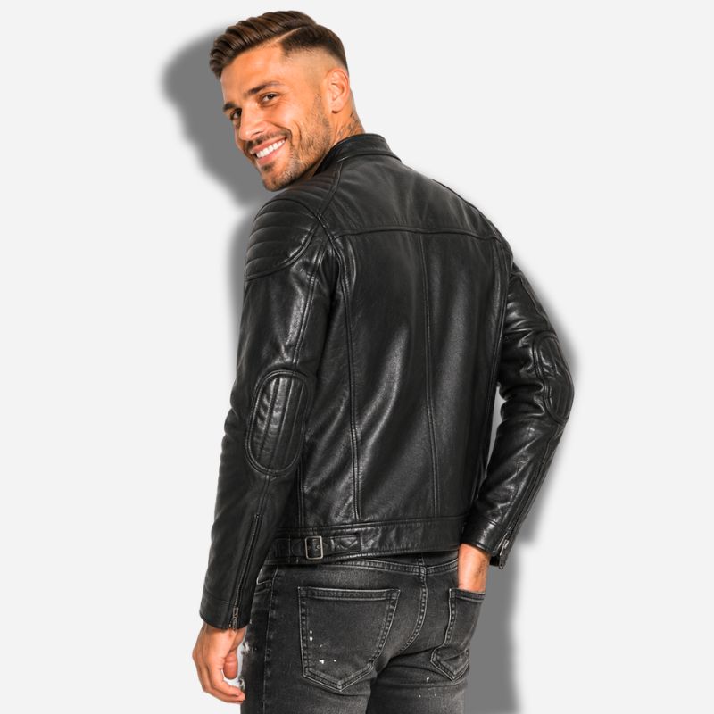 Veste en cuir homme noir style biker moto en cuir de vachette véritable avec épaules matelassés