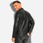 Veste en cuir homme noir style biker moto en cuir de vachette véritable avec épaules matelassés