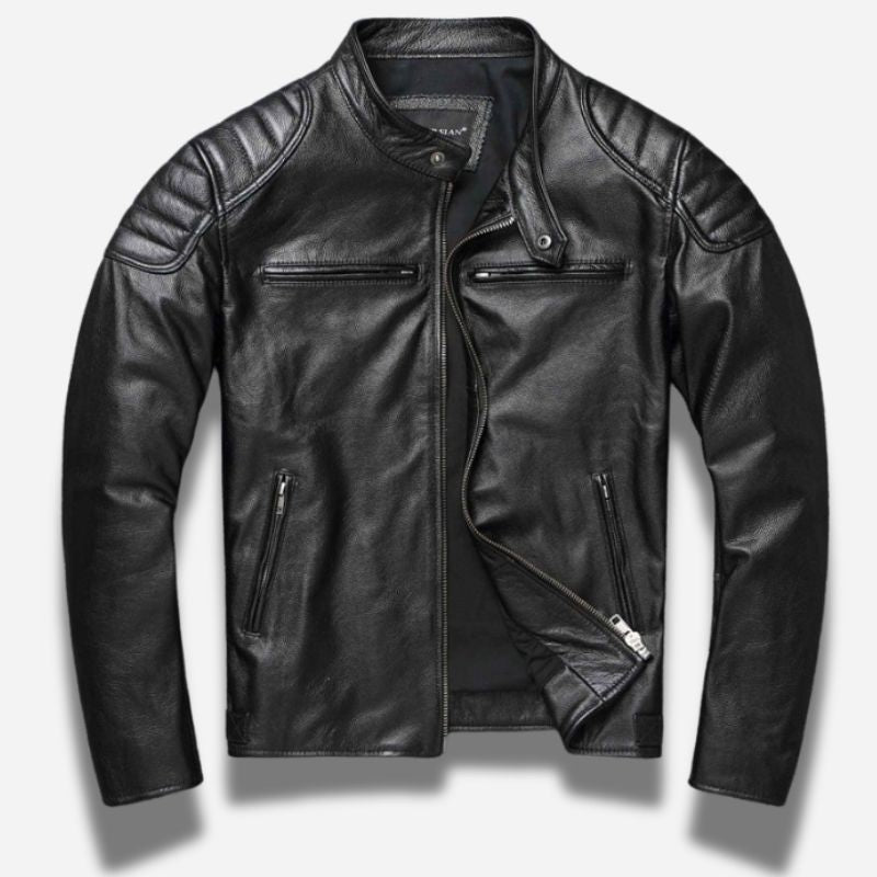 Veste en cuir homme noir style biker moto en cuir de vachette véritable avec épaules matelassés