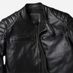 Veste en cuir homme noir style biker moto en cuir de vachette véritable avec épaules matelassés