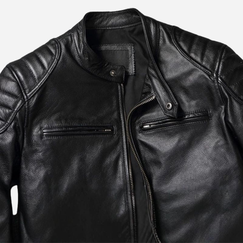 Veste en cuir homme noir style biker moto en cuir de vachette véritable avec épaules matelassés