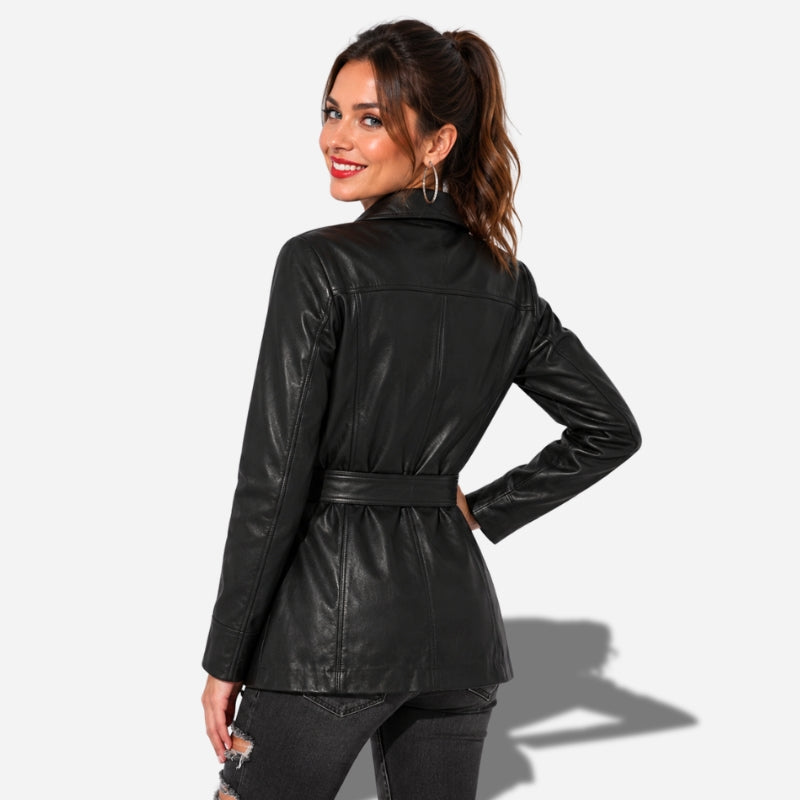 Veste en cuir longue pour femme avec ceinture en cuir d'agneau