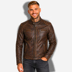 Veste en cuir homme marron vintage avec épaules matelassés