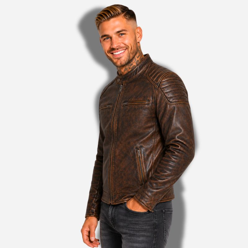 Veste en cuir homme marron vintage avec épaules matelassés