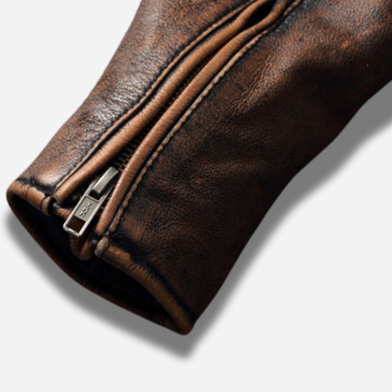 Veste en cuir homme marron vintage avec épaules matelassés