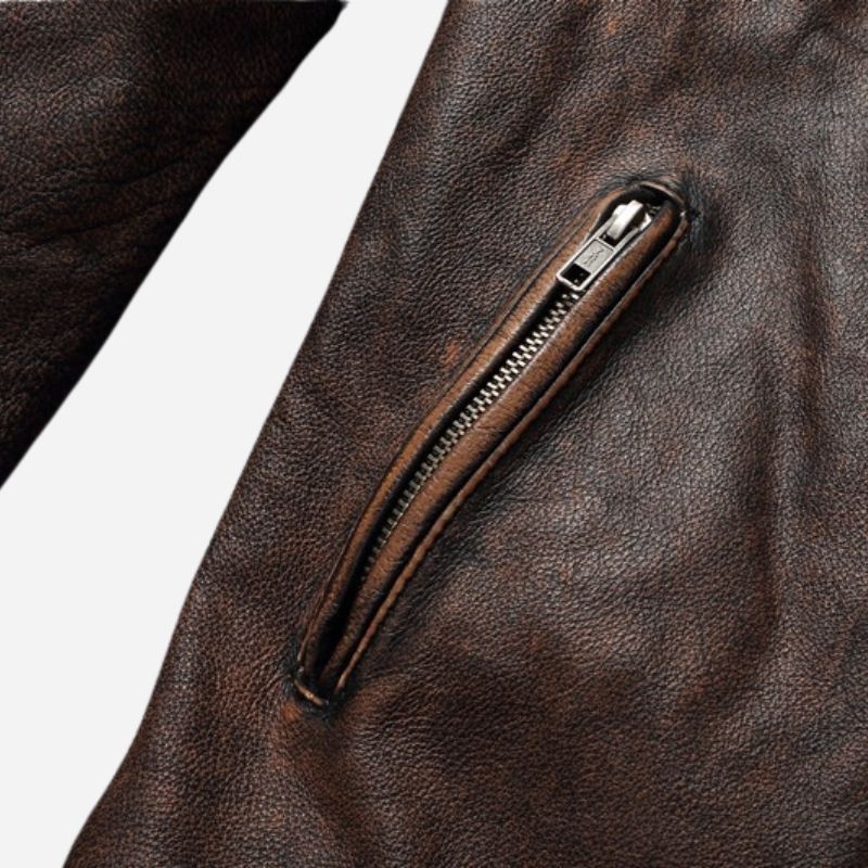Veste en cuir homme marron vintage avec épaules matelassés