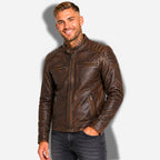 Veste en cuir homme marron vintage avec épaules matelassés