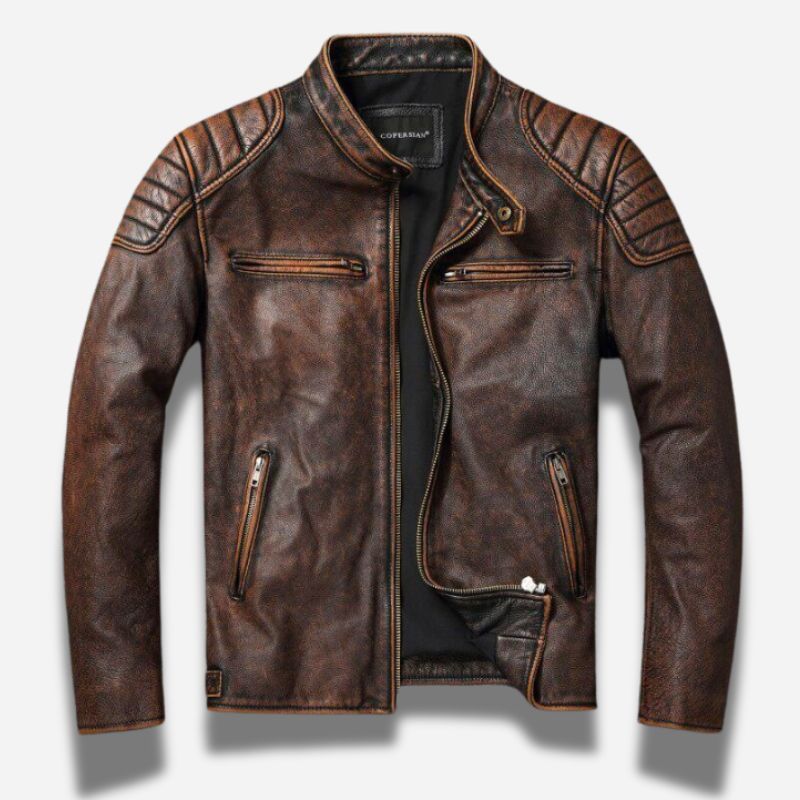 Veste en cuir homme marron vintage avec épaules matelassés