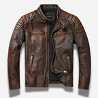 Veste en cuir homme marron vintage avec épaules matelassés