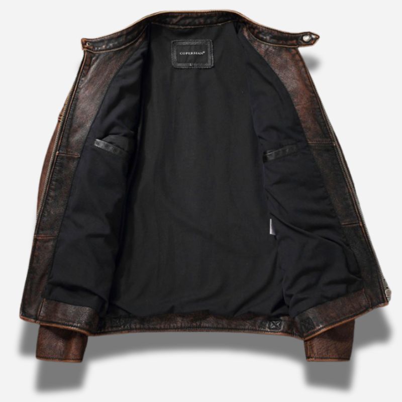 Veste en cuir homme marron vintage avec épaules matelassés