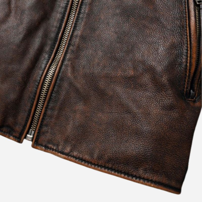 Veste en cuir homme marron vintage avec épaules matelassés