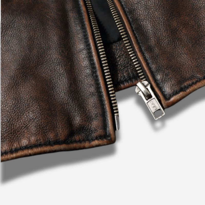 Veste en cuir homme marron vintage avec épaules matelassés