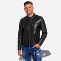 Veste en cuir noire pour homme en cuir ciré à col rond