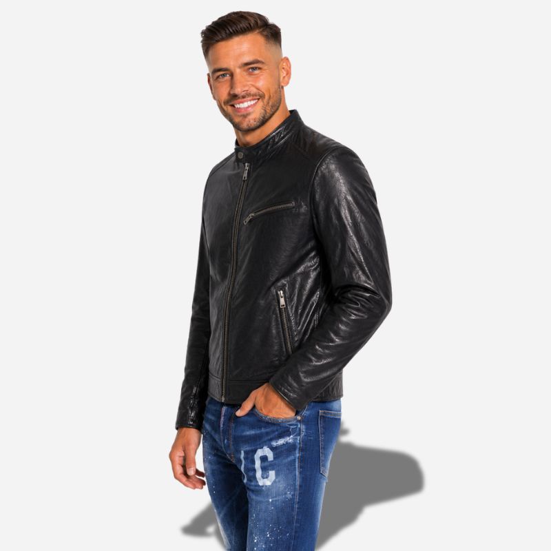 Veste en cuir noire pour homme en cuir ciré à col rond