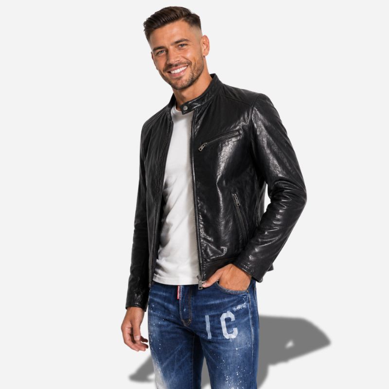 Veste en cuir noire pour homme en cuir ciré à col rond